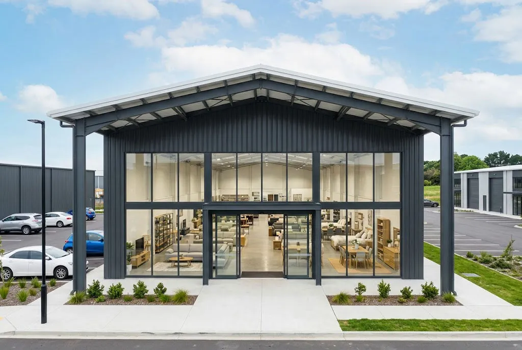 Prefabricated showroom building with steel frame structure, glass facade and modern interior display area for commercial use