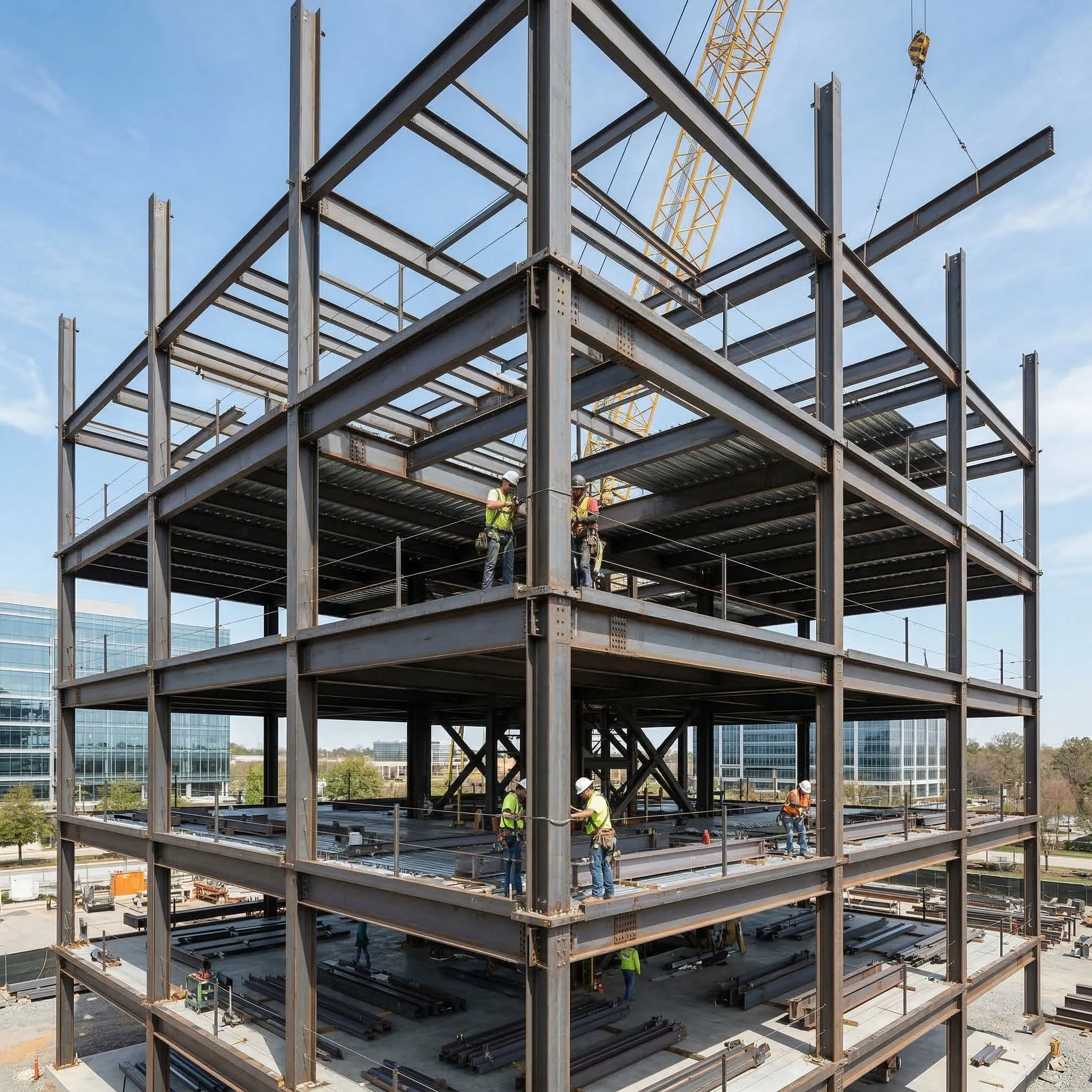 Prefabricated steel office building frame assembly showing H-beam columns, floor decking, crane lifting work and installers connecting the multi-level office structure on site.
