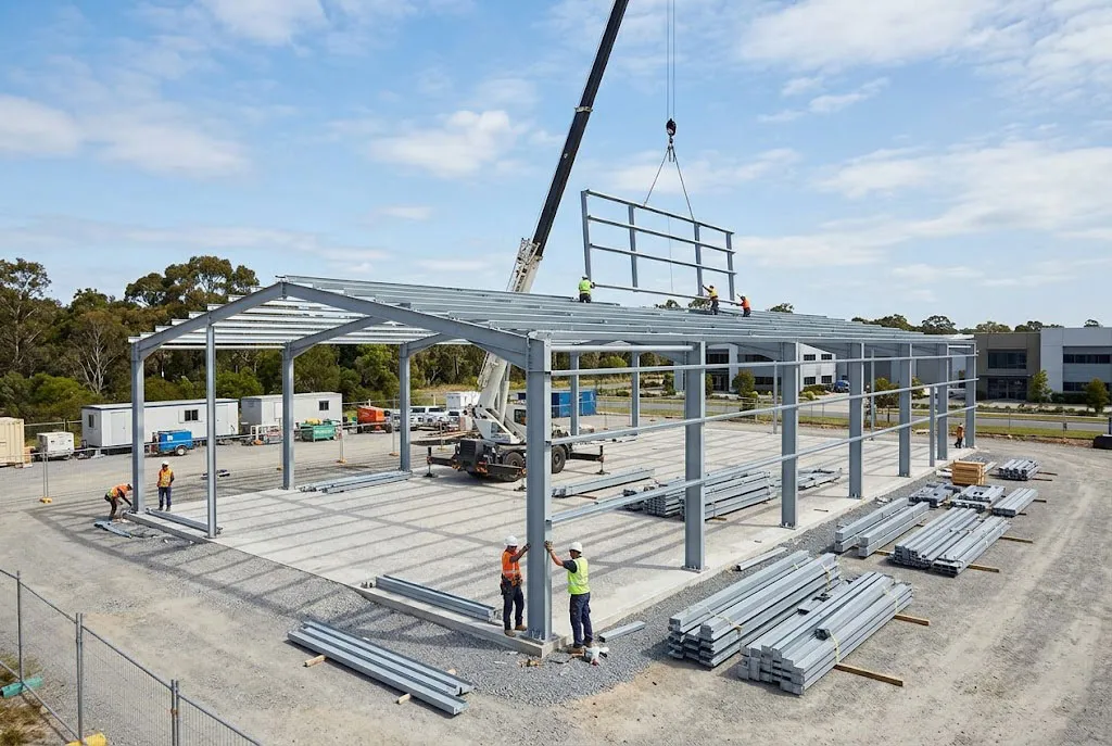 Prefabricated steel showroom construction site showing crane installation of steel frames and structural assembly process