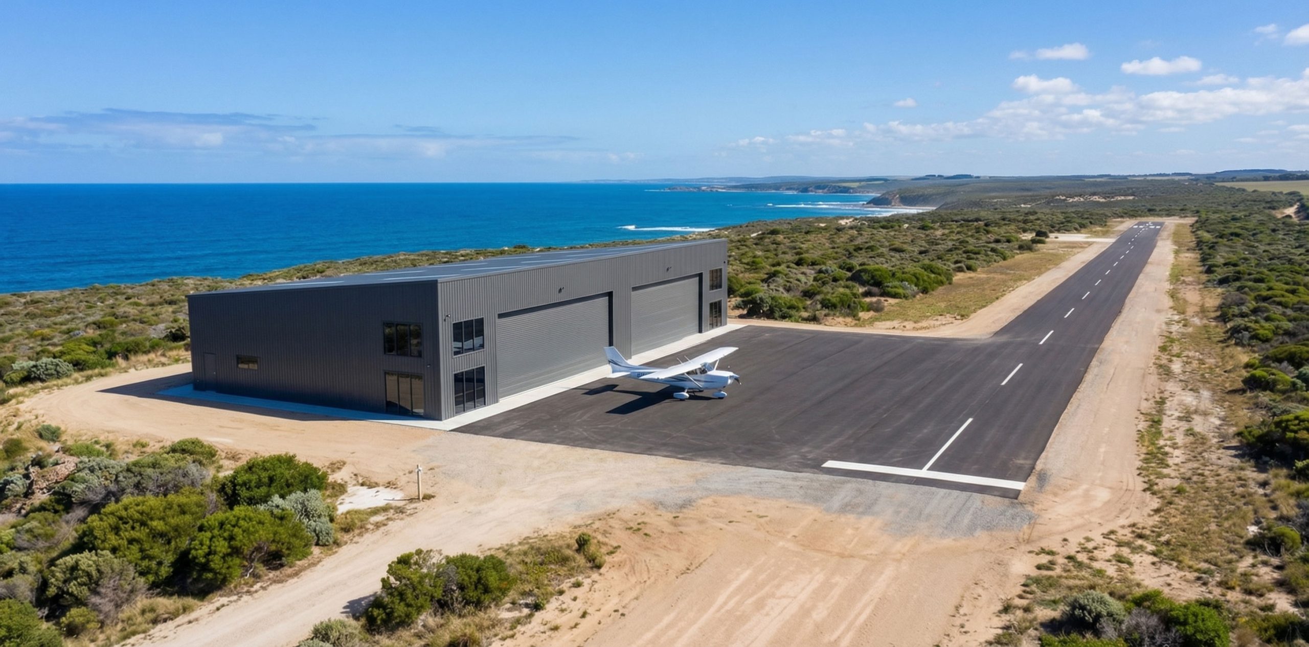 Private aircraft hangar beside a coastal runway with a small propeller aircraft parked on the paved apron.