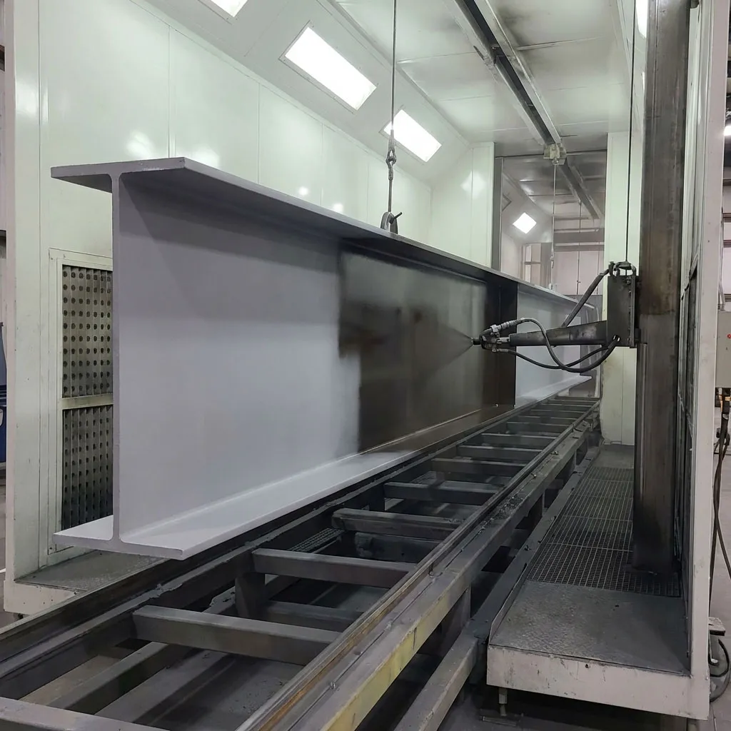 Automated spray coating applies a protective finish to an H-beam for multi-storey steel building fabrication.