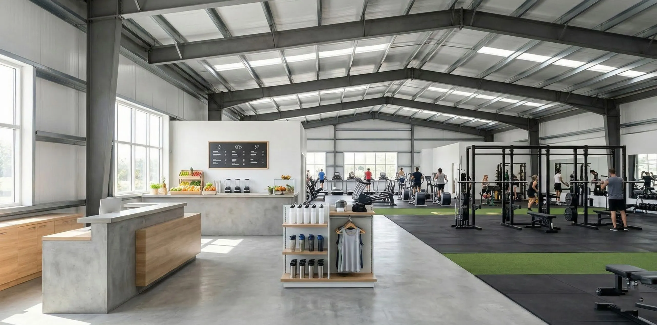 Front desk, refreshment counter and merchandise display opening directly into cardio and strength zones.