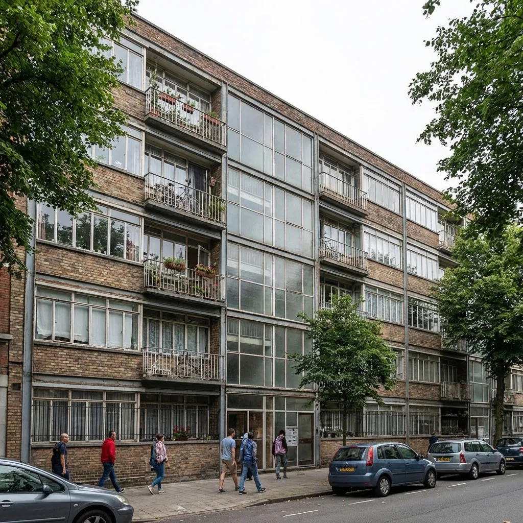 Residential multi-storey steel building with brick façades, repeated windows and balconies.