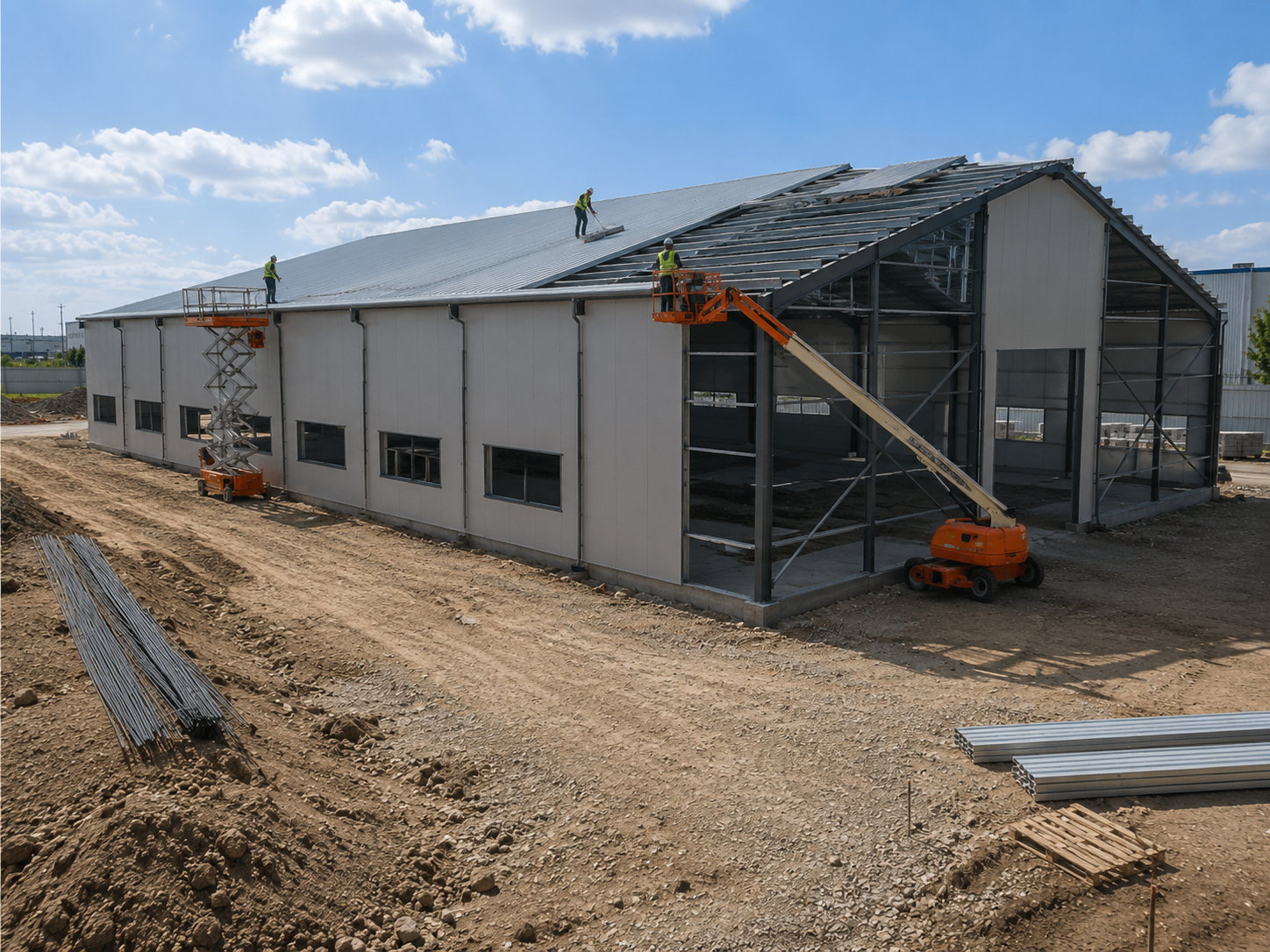 Workers installing metal roof panels over steel purlins during the final stage of steel structure building construction.
