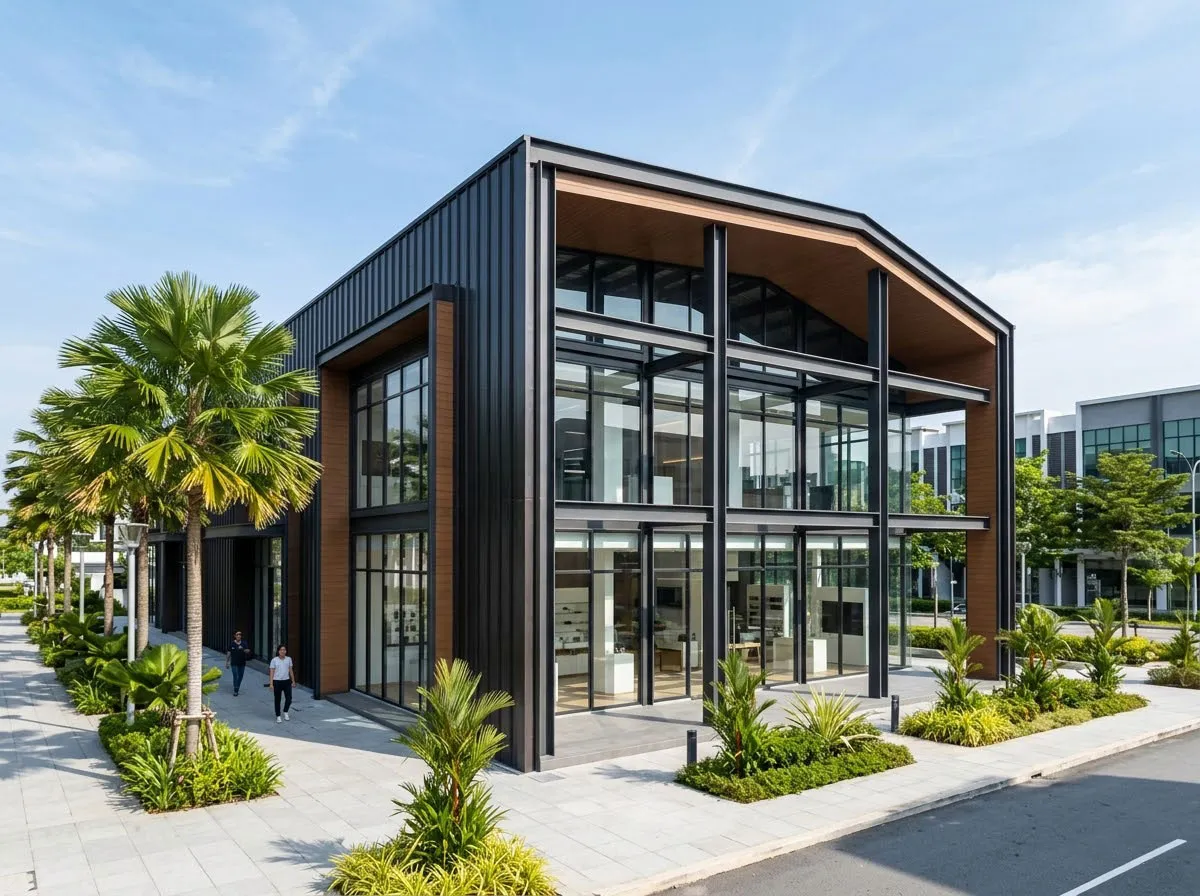 SEA retail brand store project featuring a steel structure building with glass facade and modern commercial display space