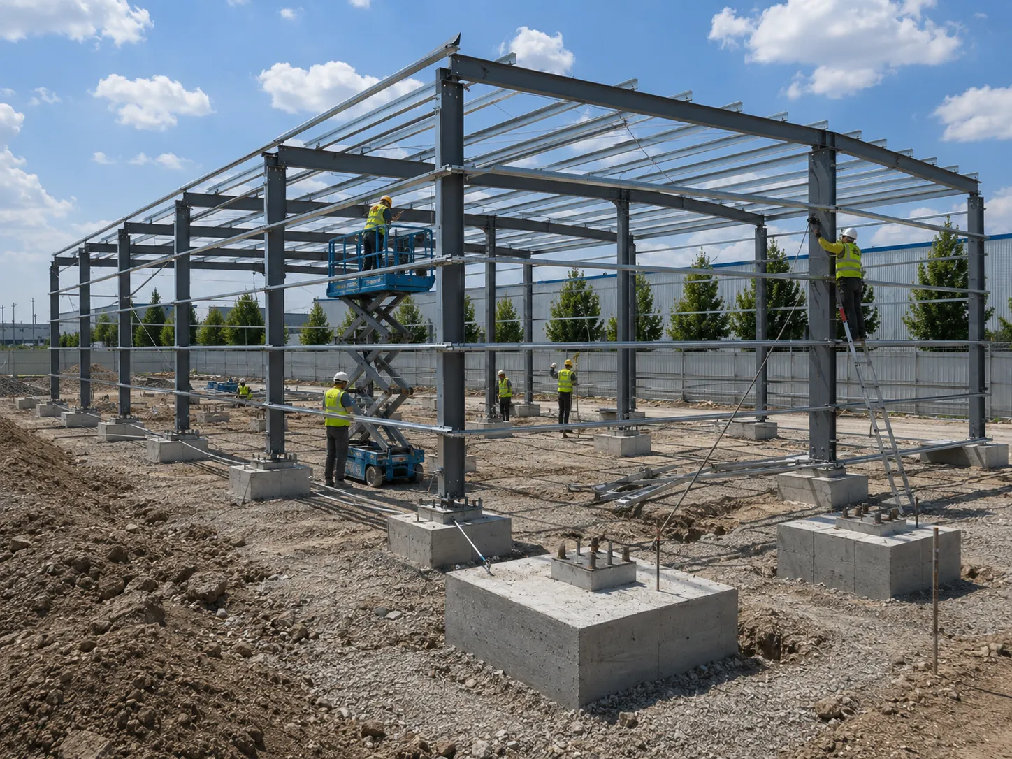 Workers installing secondary steel components on the main steel frame during building construction.