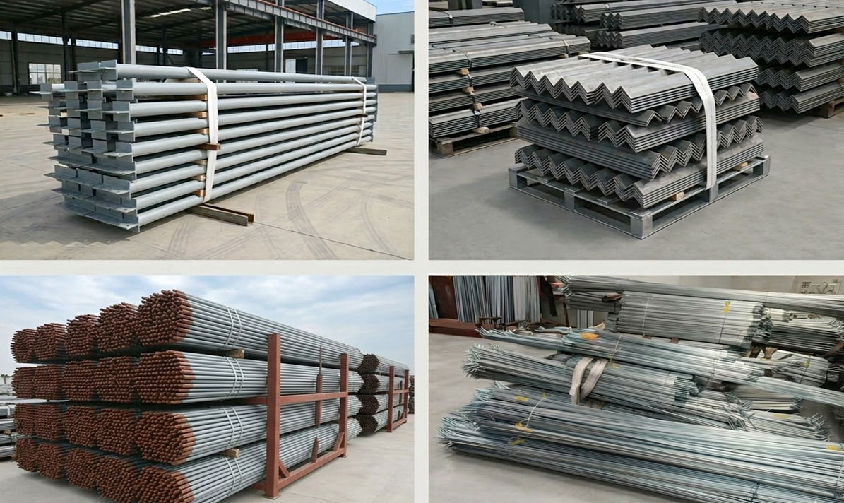 Steel structure building components with tie rods, angle braces, tubular supports, and bent members bundled for assembly.
