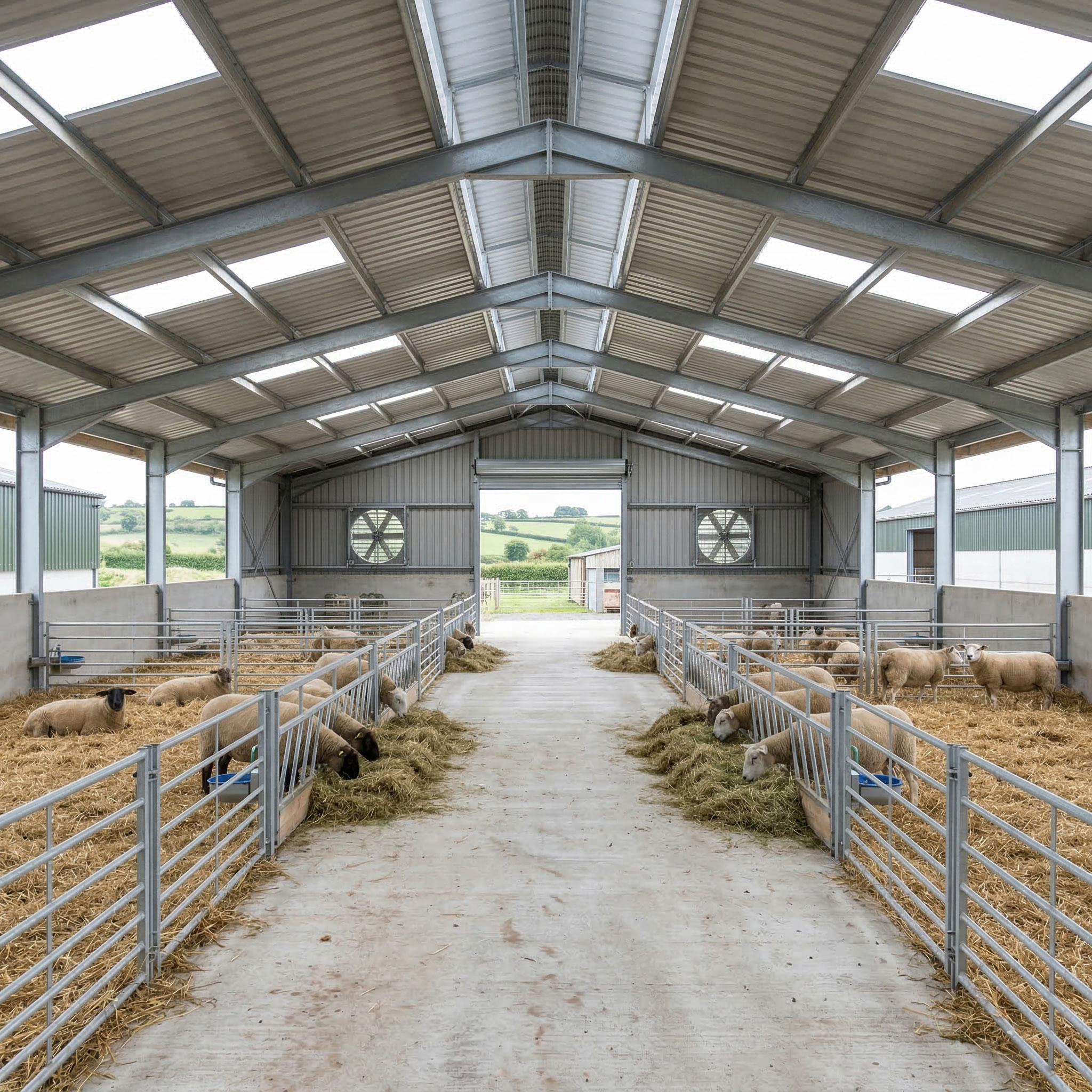 Sheep shed ventilation with roof skylights, end-wall exhaust fans, open sidewalls, galvanized steel frame, center passage, and divided sheep pens.