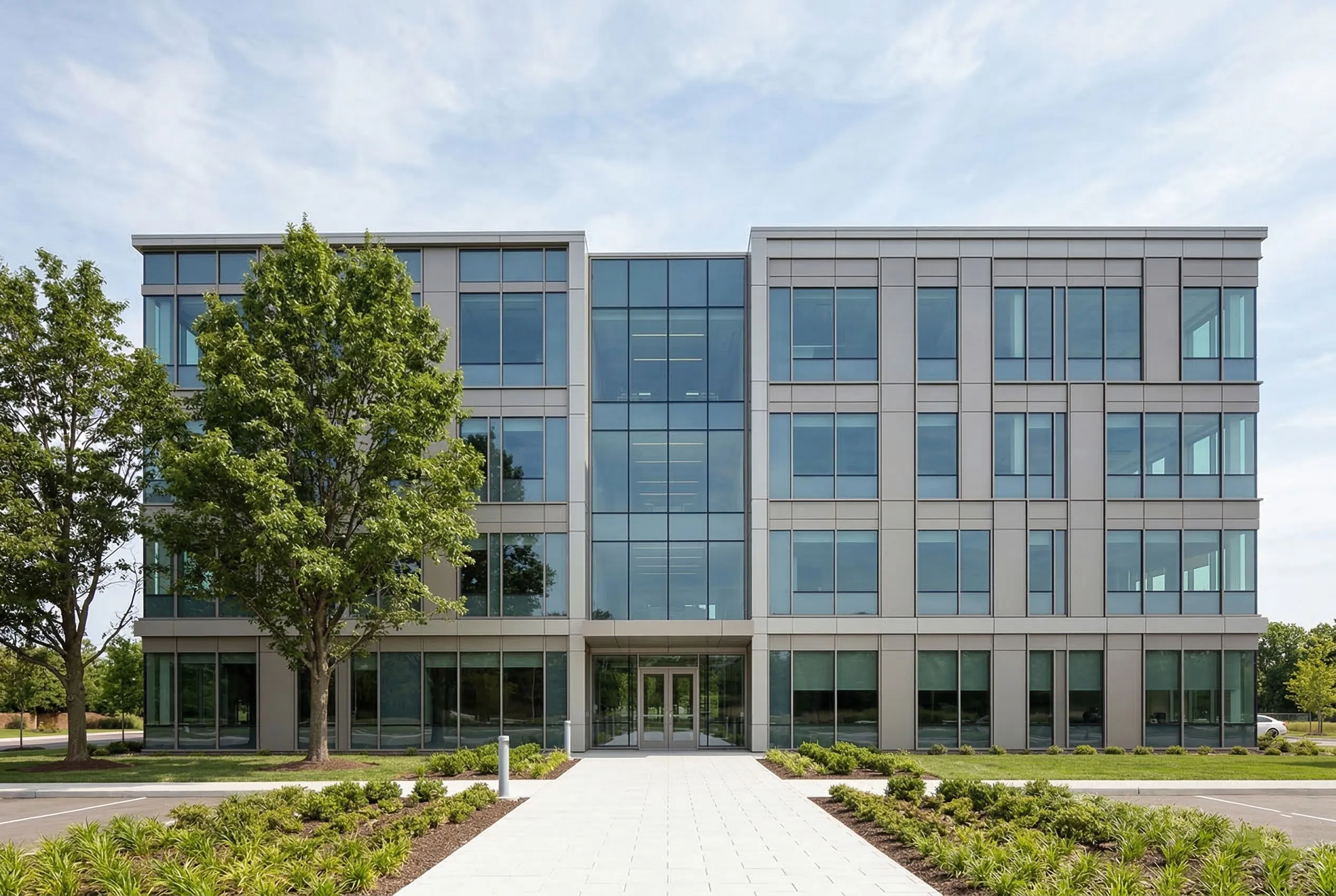 Steel structure office building project in Singapore for a tech company regional headquarters, featuring a central glass entrance, balanced facade and landscaped access path.