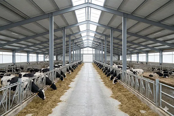 South America steel structure cow shed project with feeding lanes, steel columns, metal roof panels, skylight system, and dairy cattle housing layout.