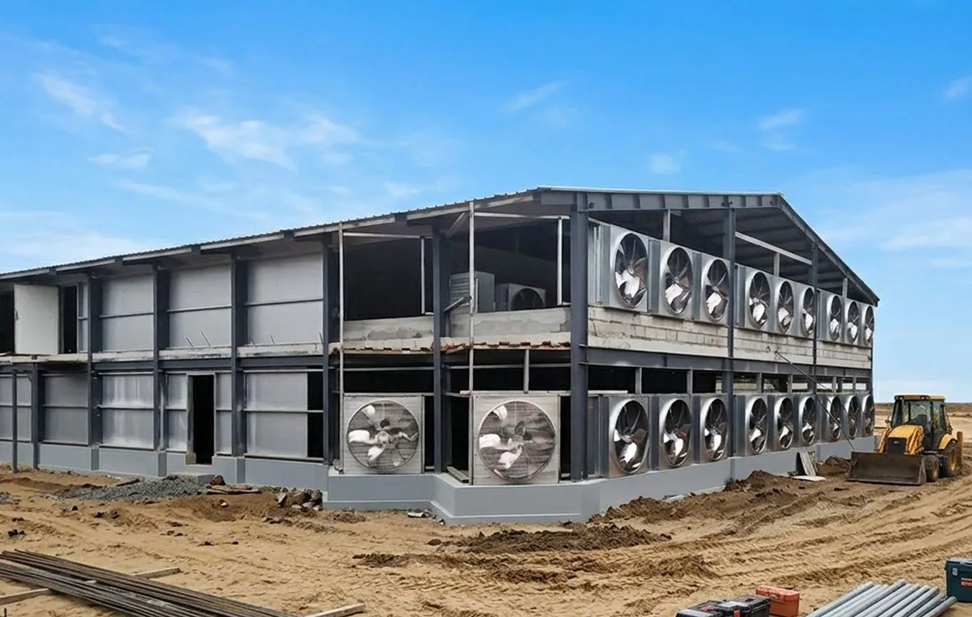 Southeast Asia steel structure chicken house project with steel frame, roof panels, wall enclosure, and exhaust fan ventilation system under installation.