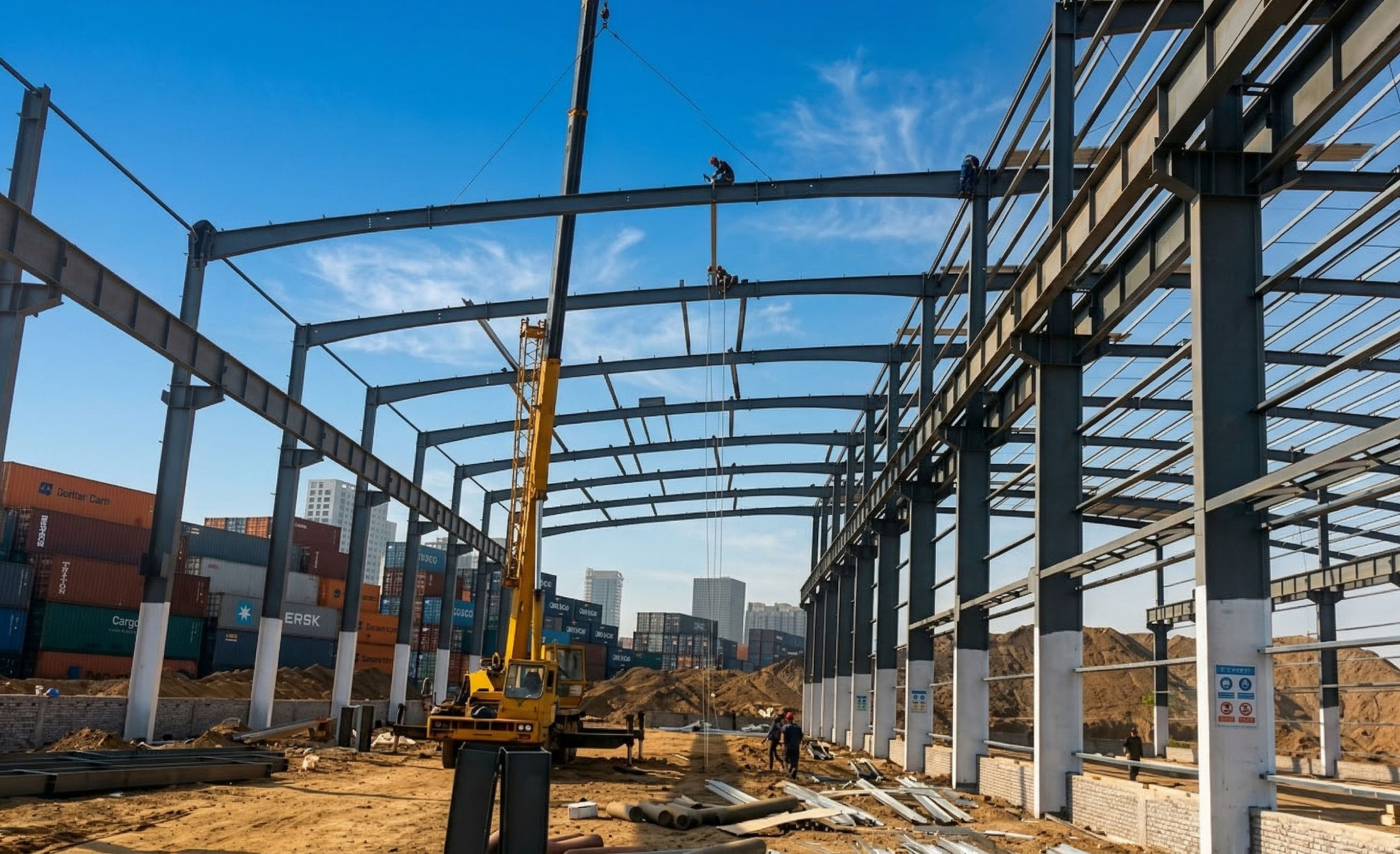 Crane lifting steel roof beams onto columns during portal frame erection, with workers installing connections and wall girts.