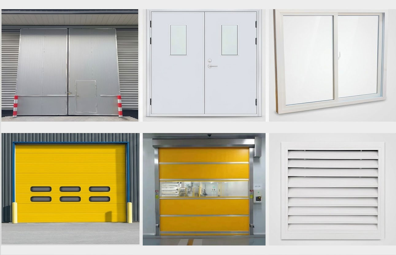 Steel structure building components including industrial doors, personnel doors, windows, roller doors, and a wall louver.