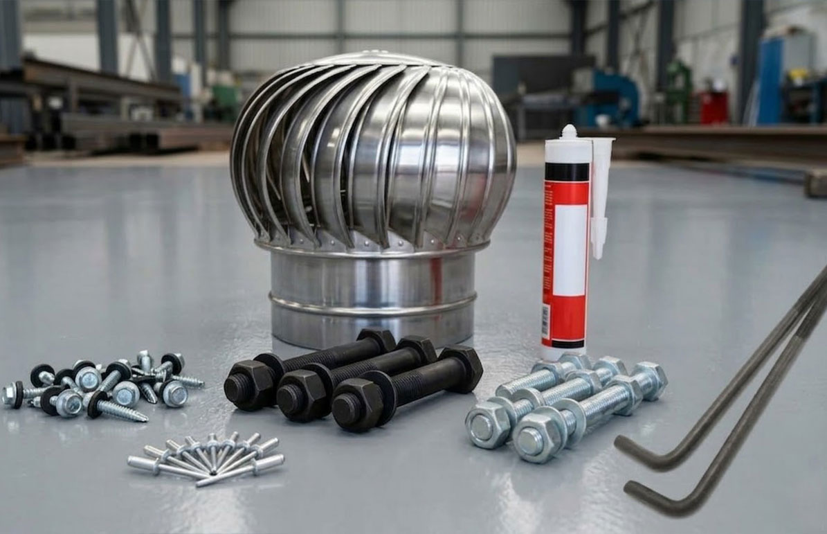 Steel structure building components including bolts, screws, rivets, anchor rods, sealant, and a turbine roof ventilator.