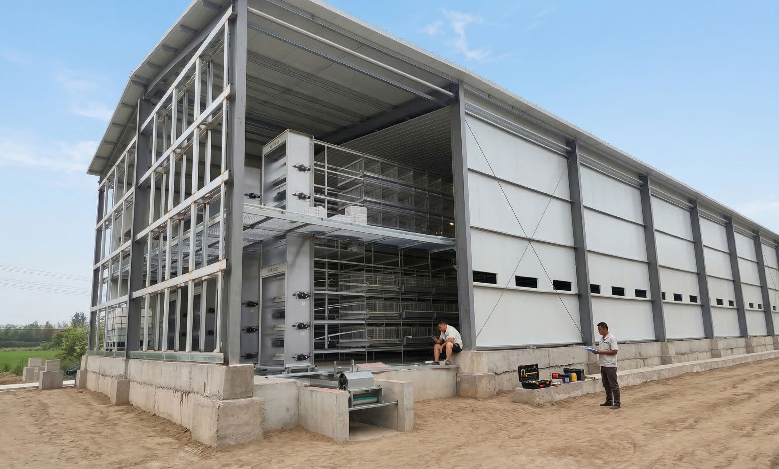 Steel structure chicken house under construction with multi-tier poultry cages being installed inside.