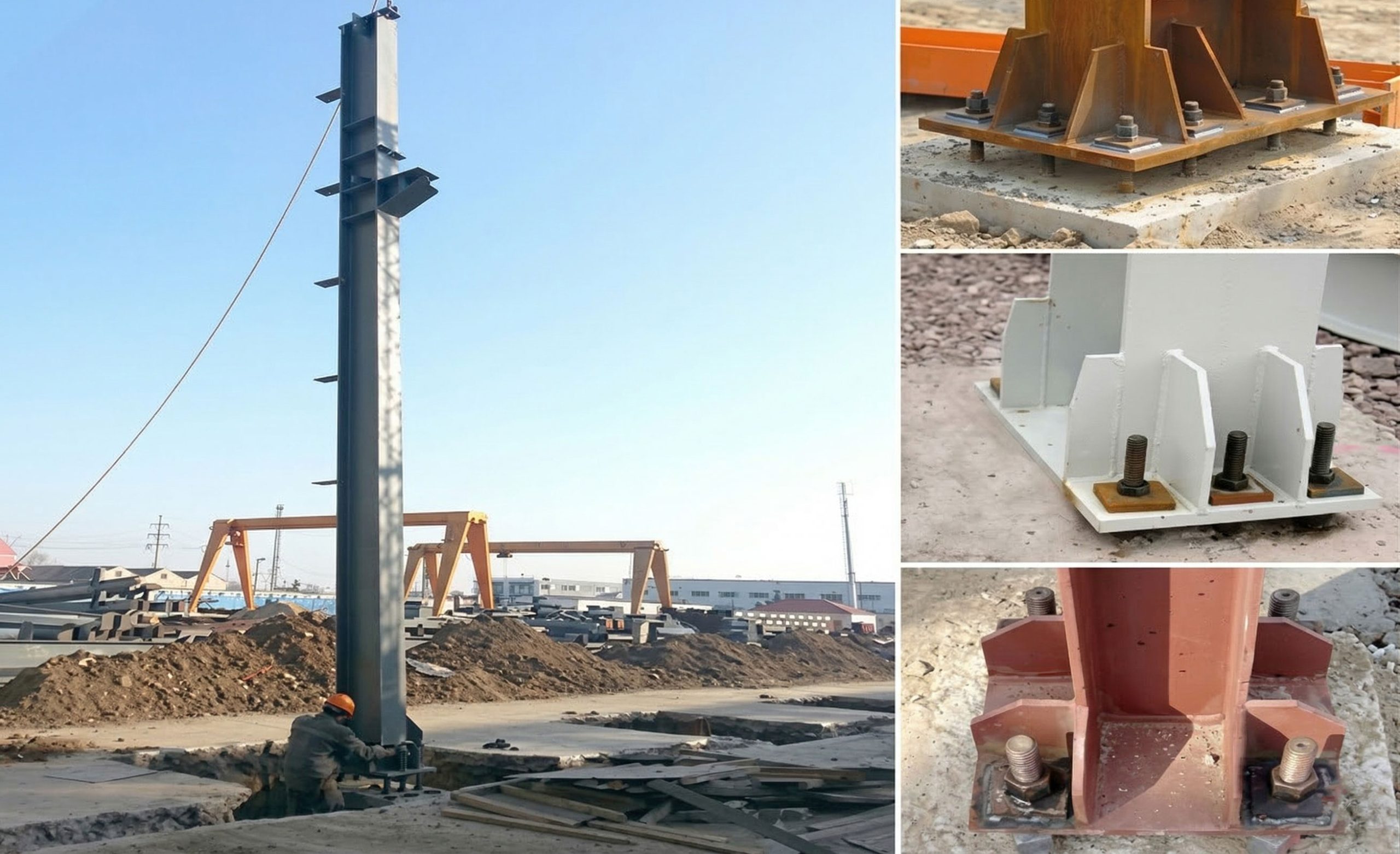 Steel column installation showing crane lifting, base plates, stiffeners, and anchor bolt connections at the foundation.