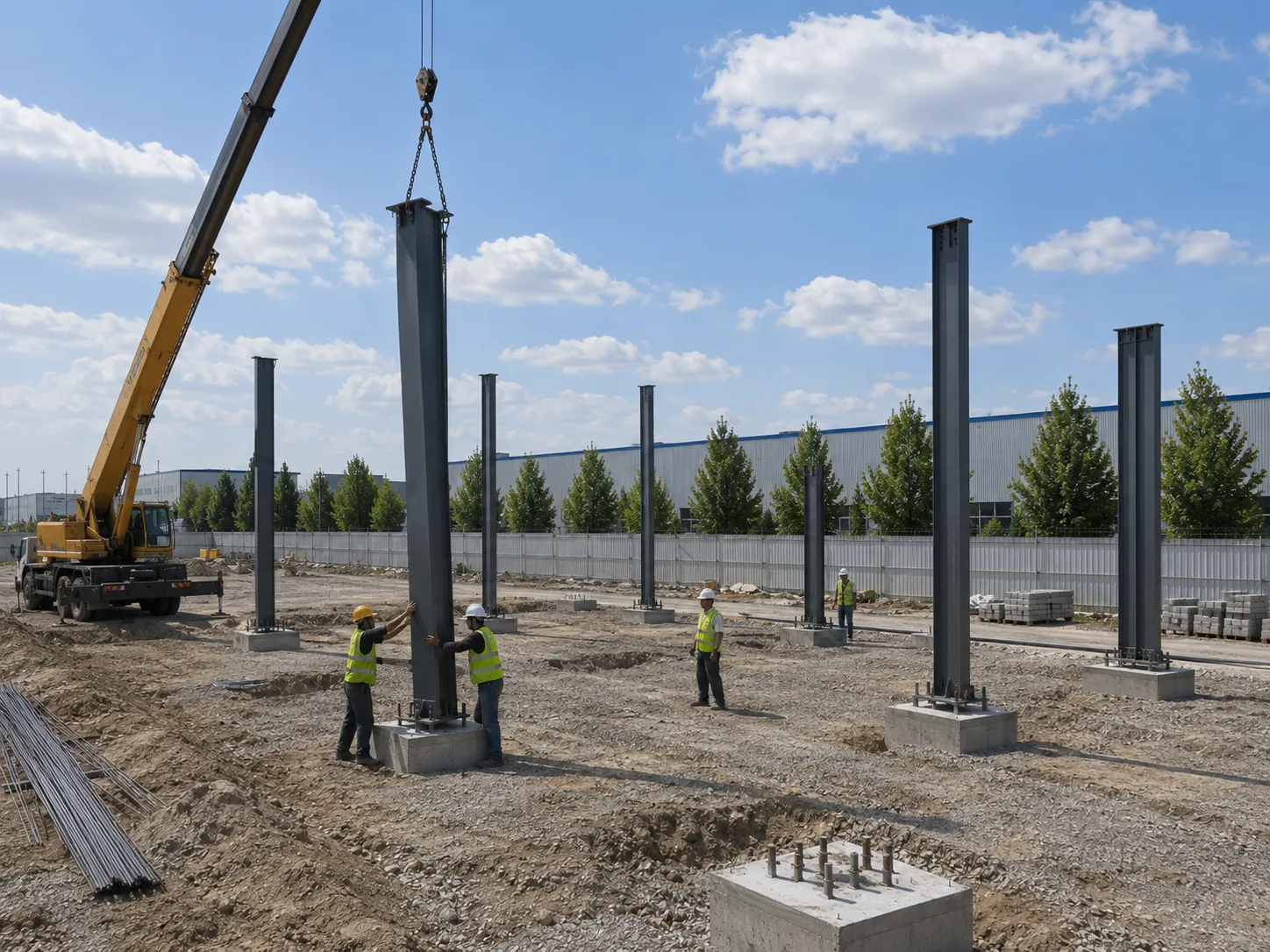 Workers guide a steel column lifted by crane during steel structure building installation on the construction site.