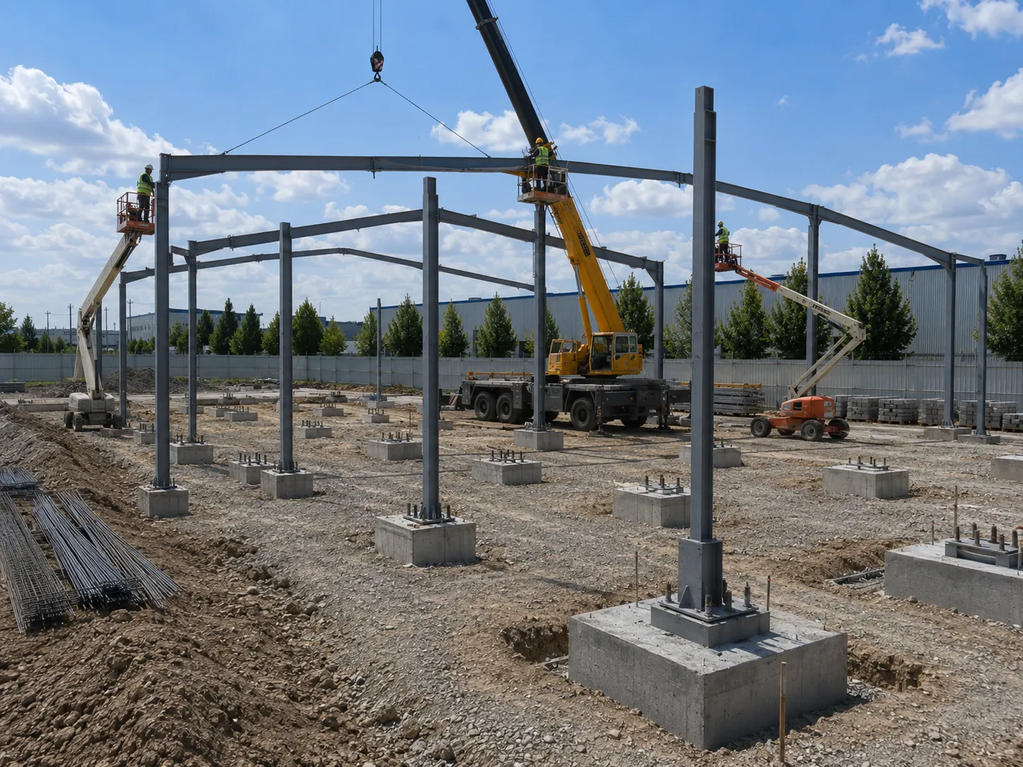 Crane lifting a steel beam as workers assemble a steel frame building structure under construction.