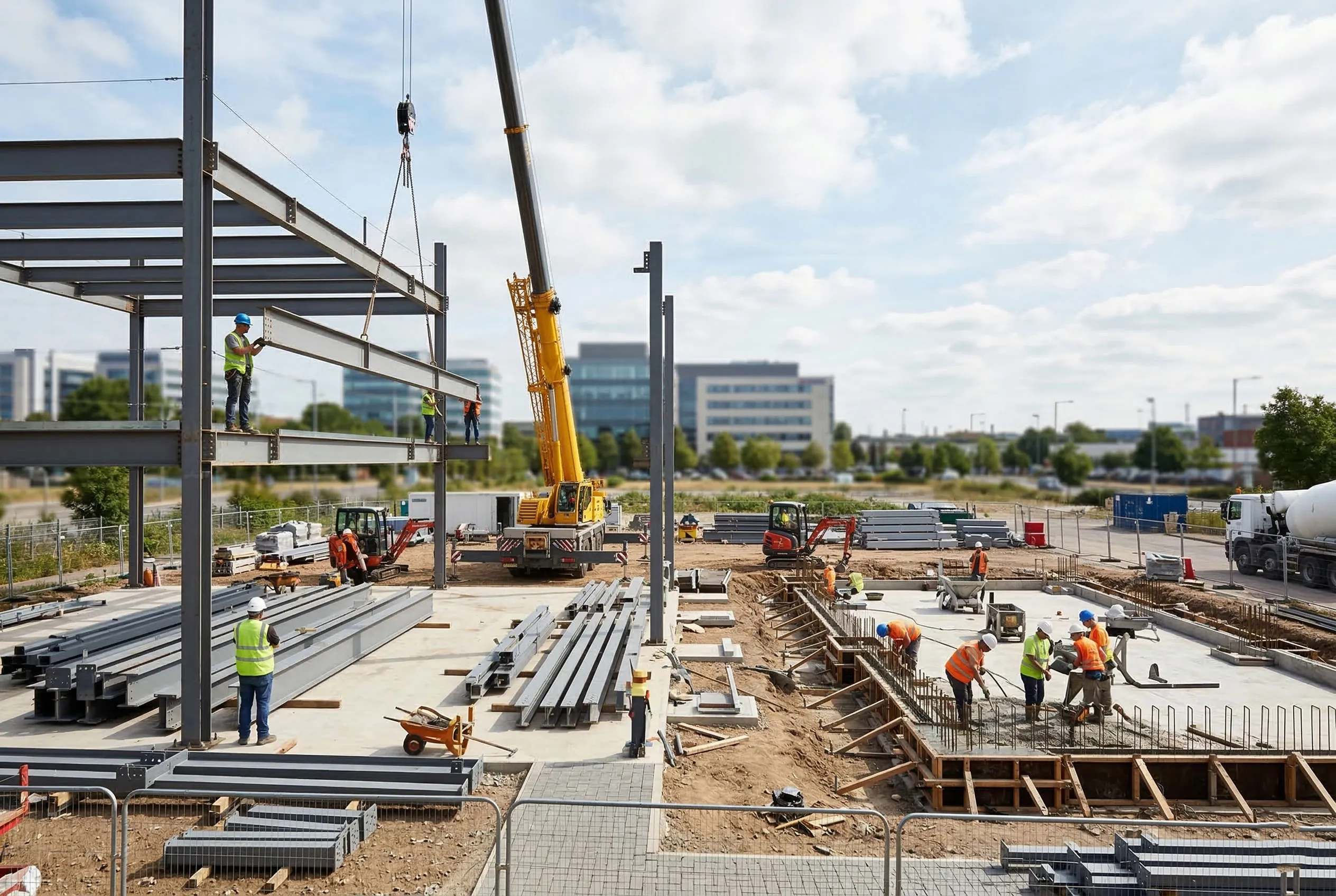 Steel frame office building under site assembly, showing crane lifting beams, workers installing structural columns and prepared foundations for fast office construction.