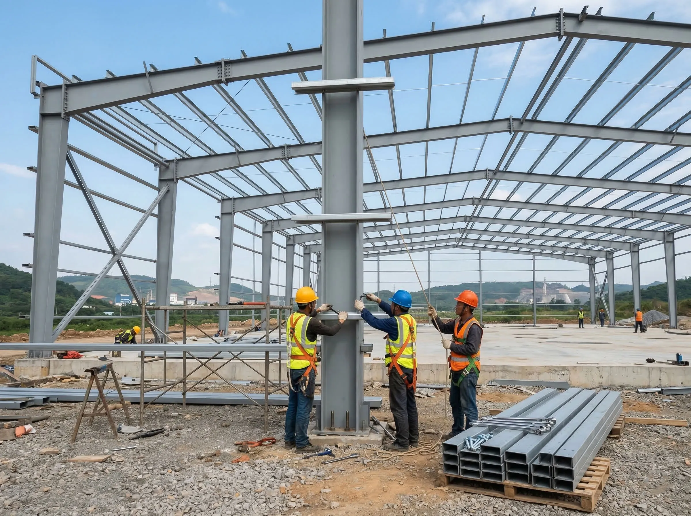 Shopping mall construction showing steel columns, roof beams, and workers installing a prefabricated frame