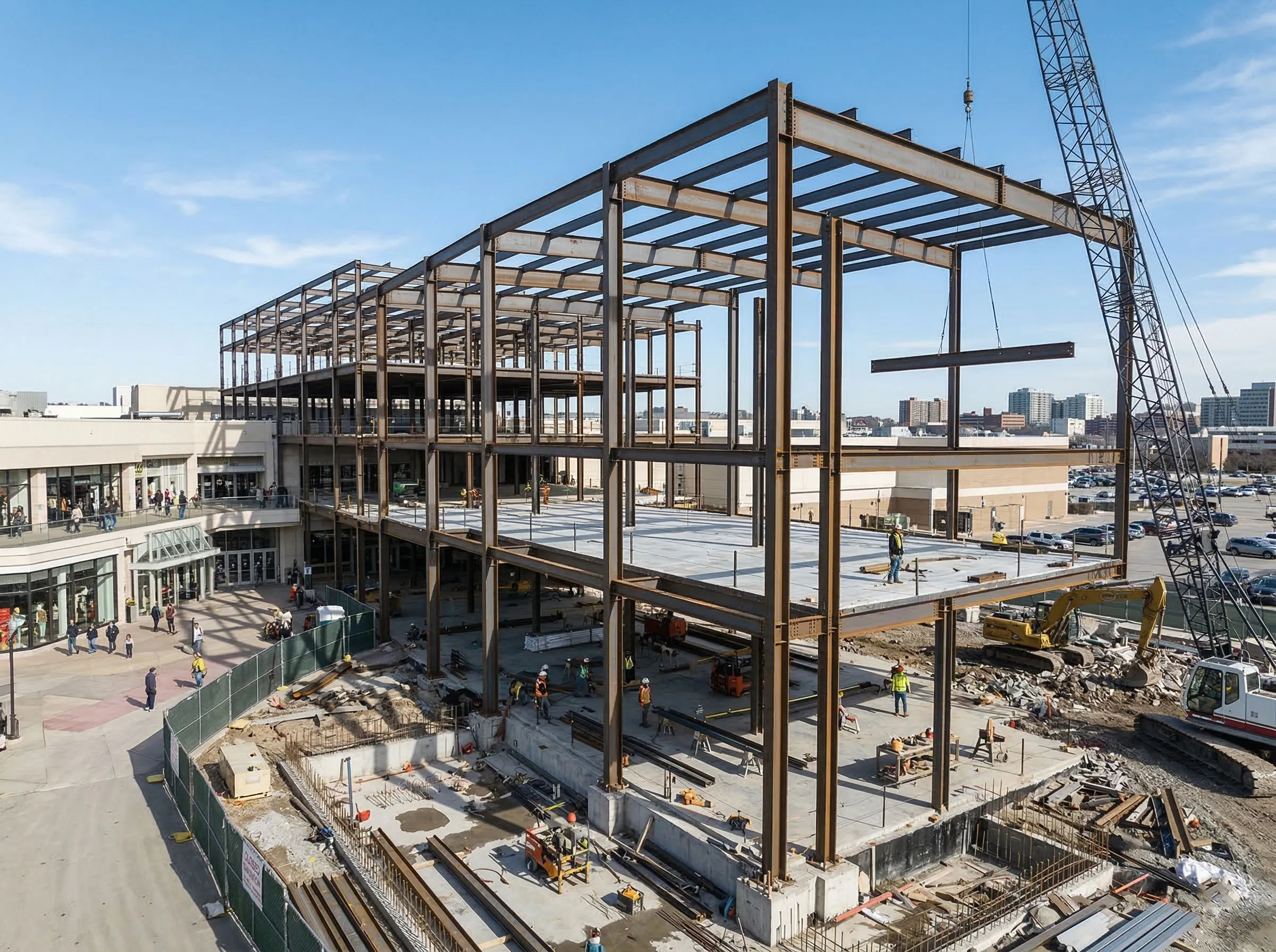 Shopping mall construction with multi-level steel frame, crane lifting beams, and active retail area nearby