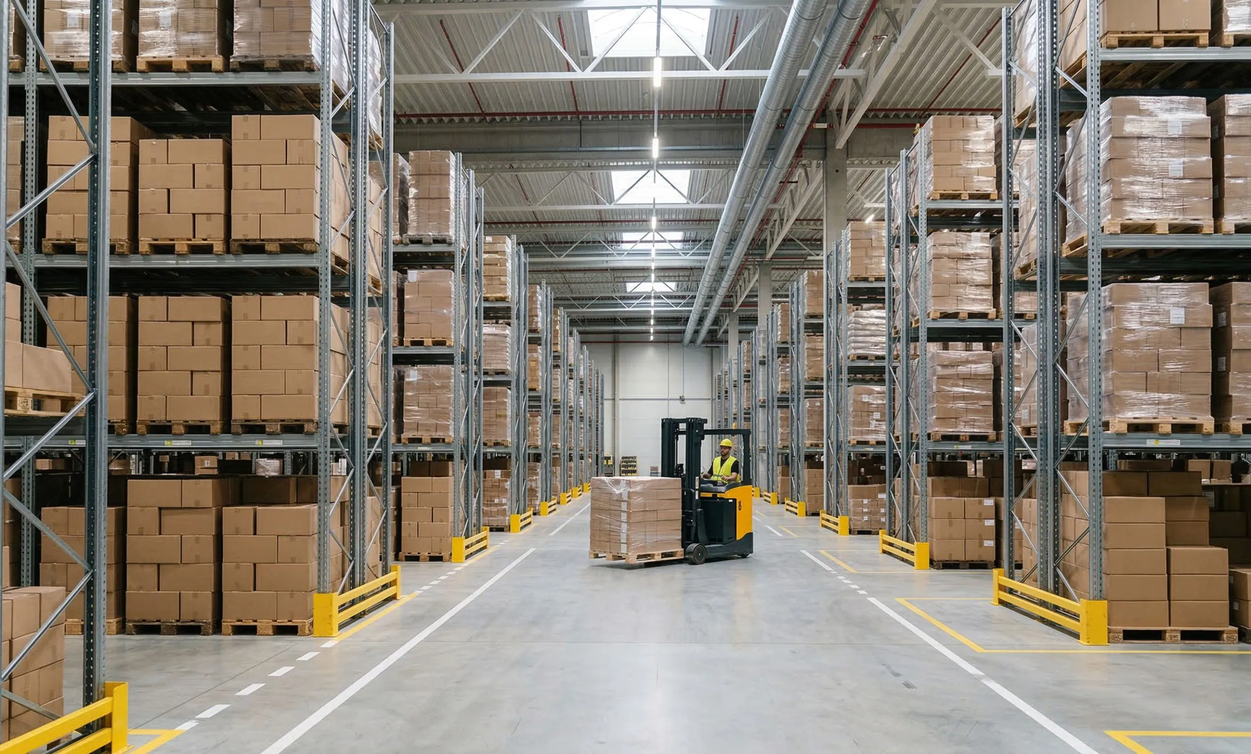 Forklift moving palletized goods between high racks inside a steel frame structure building for retail distribution.