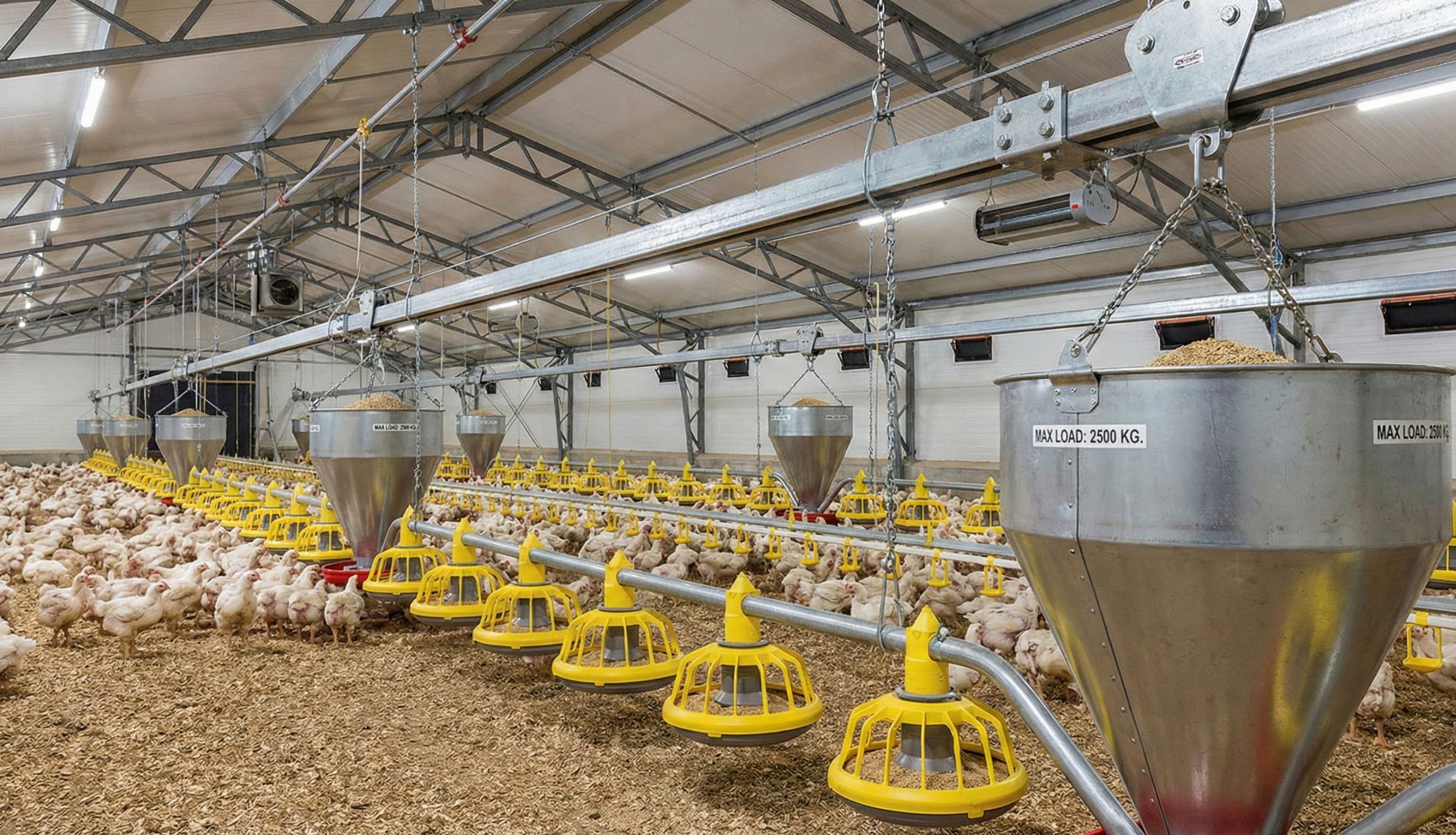 Interior of a steel-framed broiler house with suspended feed hoppers and automatic pan feeding lines.
