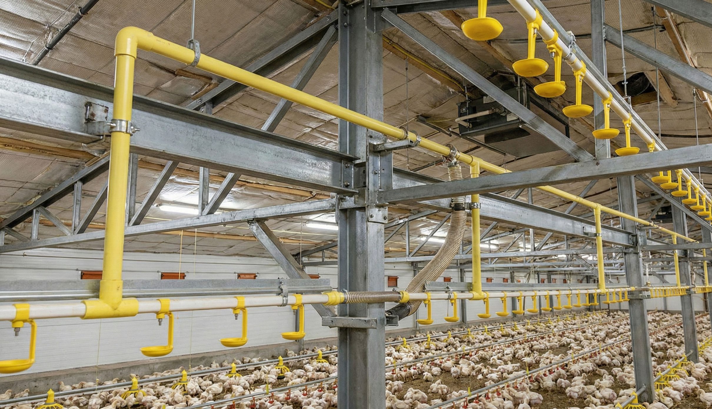 Suspended chicken house watering system with nipple drinkers and drip cups supported by the steel frame above broilers.
