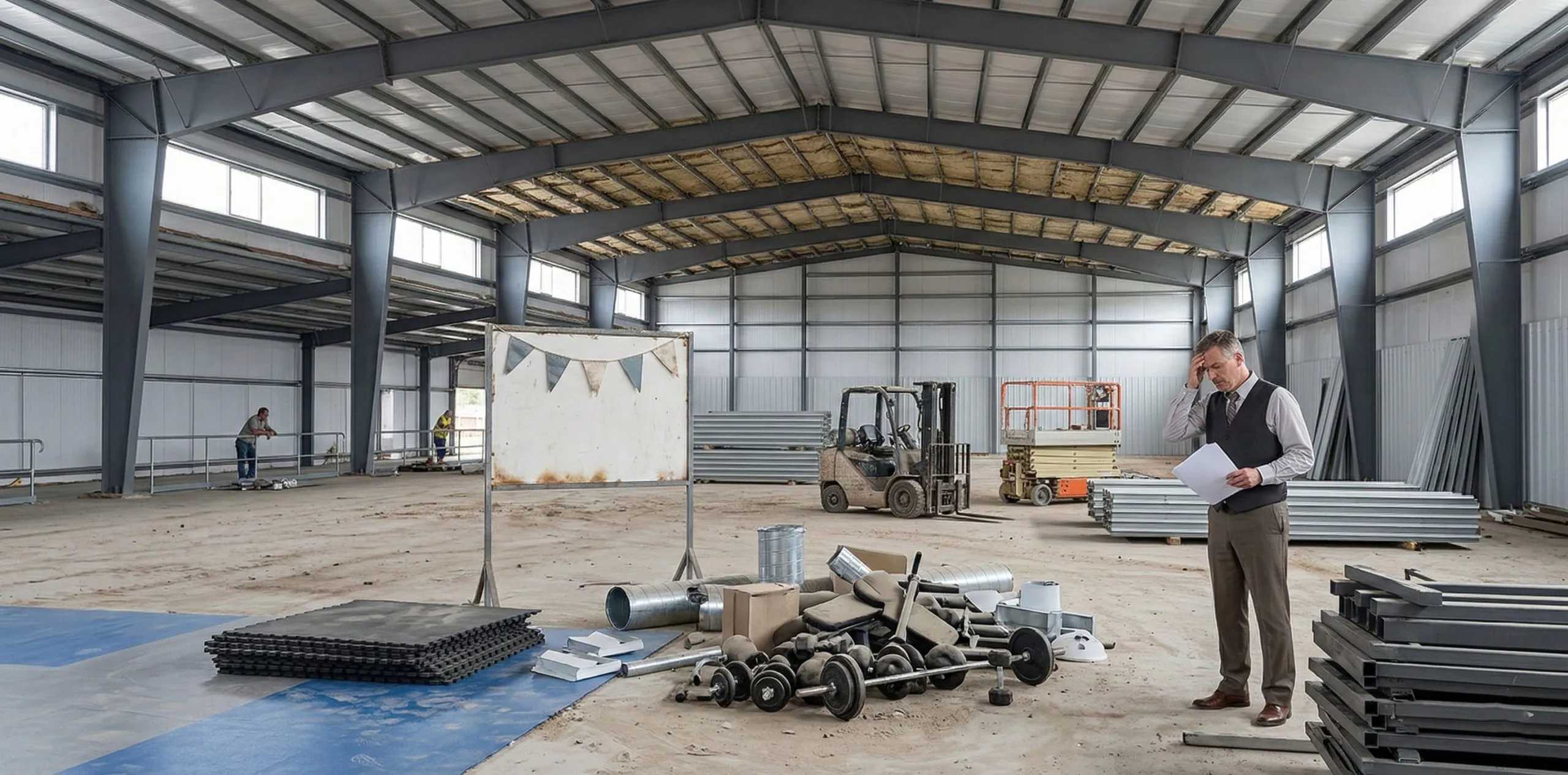 Steel gym interior under construction with materials, a forklift, scissor lift and manager reviewing plans