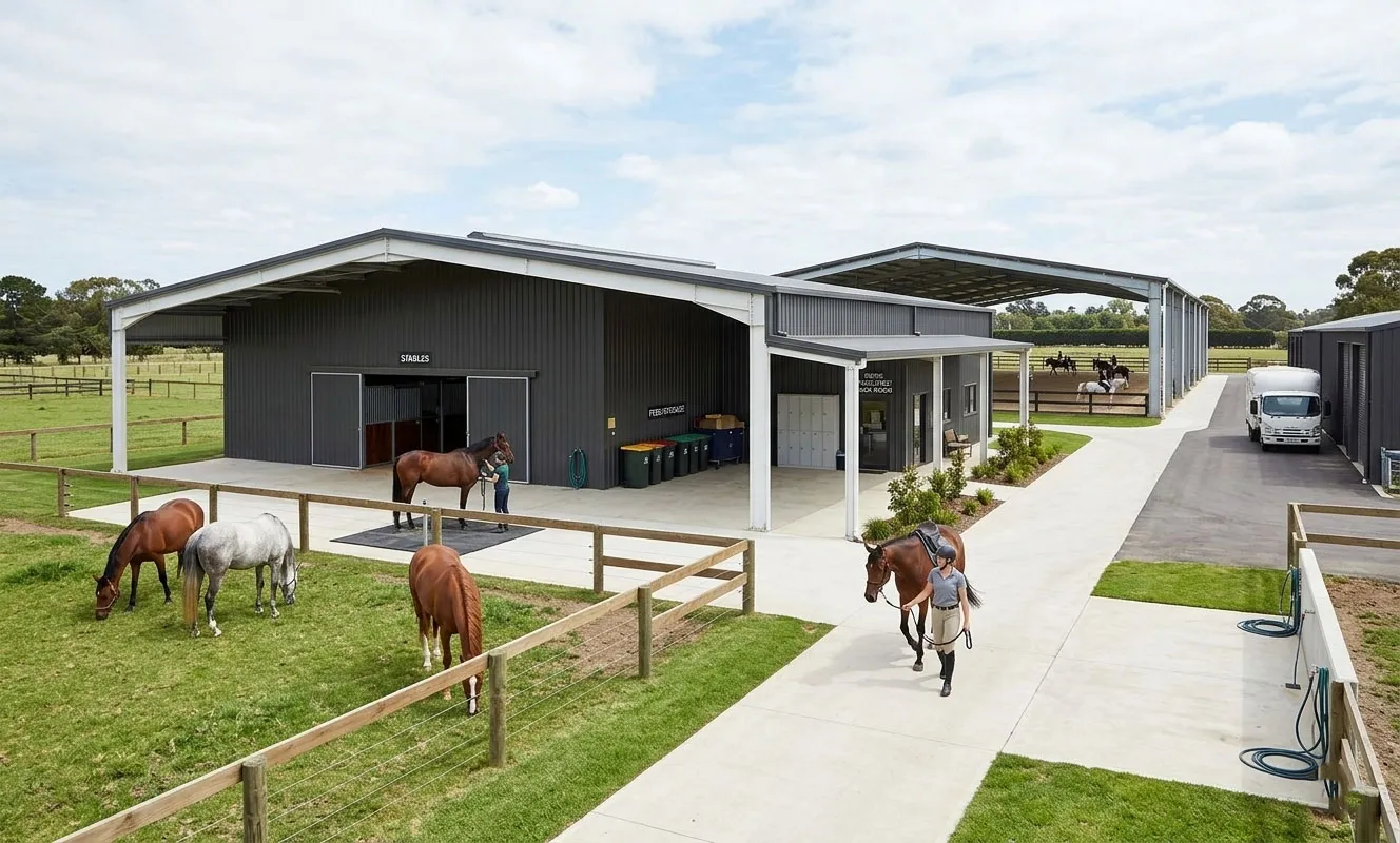 Horse barns with riding arenas featuring steel frame stables, covered training space, fenced paddocks, and service access for equestrian farm projects.