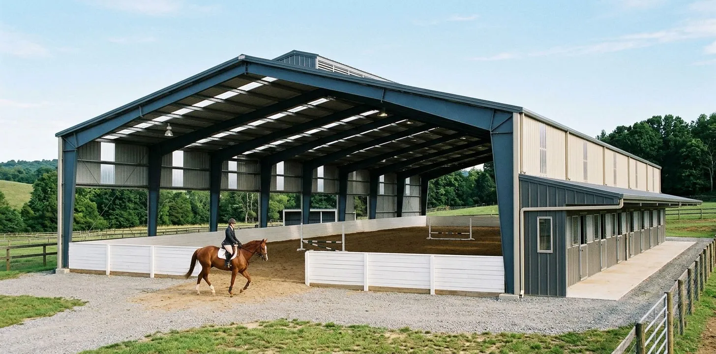 Horse barns with indoor arenas featuring a large-span steel frame, metal wall panels, and covered riding space for equestrian training facilities.