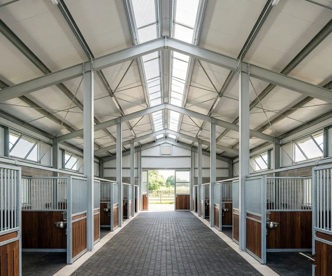 Horse barns and stables with galvanized steel frame, skylight roof panels, ventilated side windows, and double-row horse stalls for equestrian facilities.