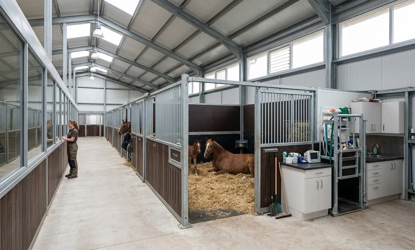 Horse barns and stables with galvanized steel frame, ventilated horse stalls, central aisle layout, and service area for equestrian facility management.