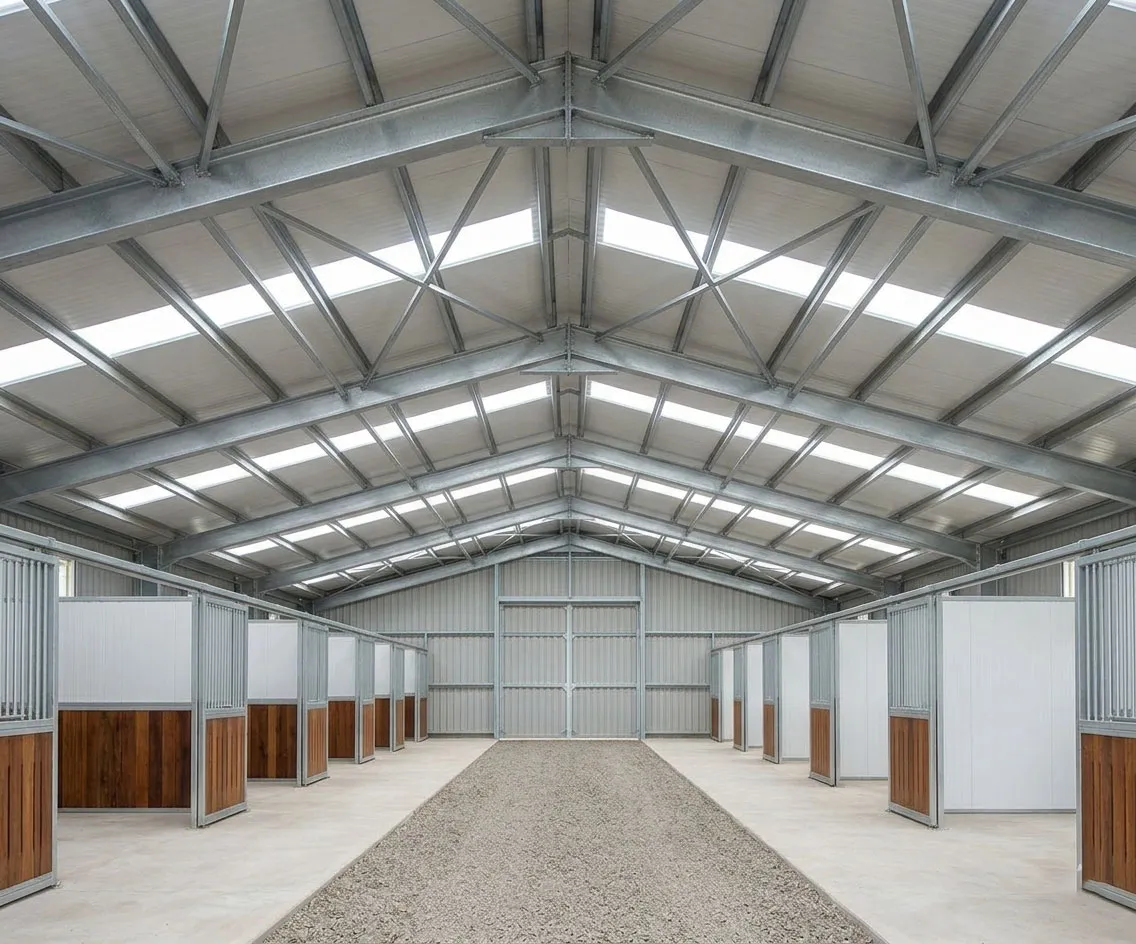 Horse barns and stalls with galvanized steel frame, skylight roof panels, central aisle layout, and metal stall partitions for equestrian farm projects.