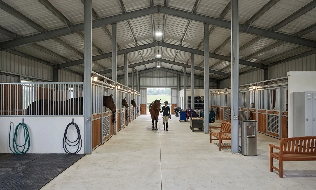 Horse stables and barns with galvanized steel frames, double-row horse stalls, central aisle layout, and service areas for equestrian facility management.