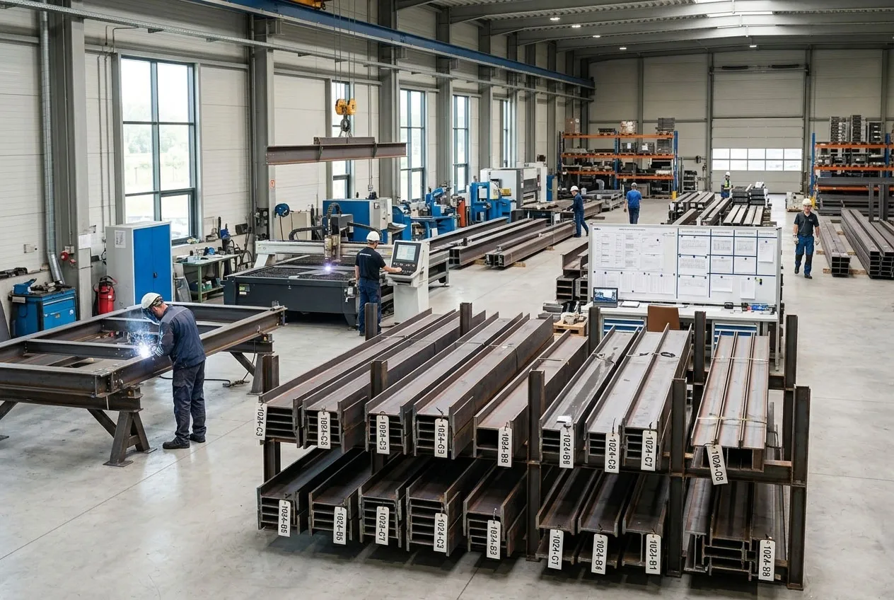 Steel office building fabrication process with welded beams, numbered structural components, CNC cutting equipment and factory quality control before project delivery.