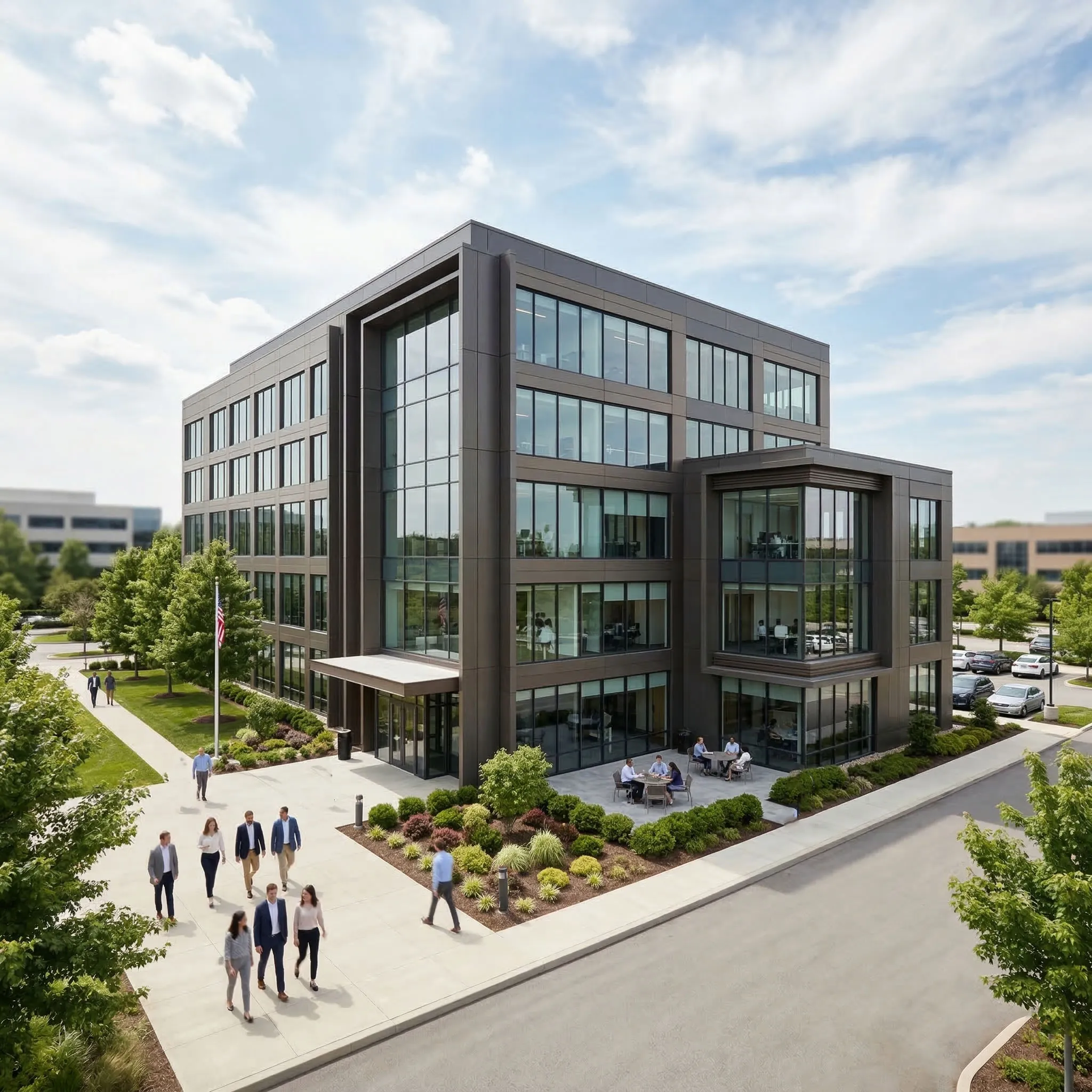 Steel office building with dark metal exterior panels, large glass windows, landscaped business entrance and multi-floor workspace for corporate administration teams.