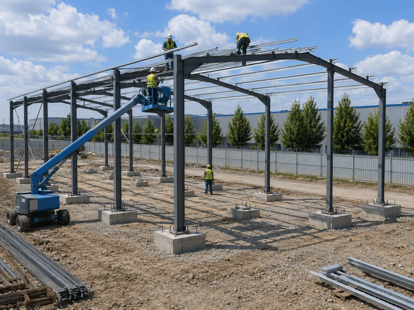 Workers installing steel roof purlins on a steel frame building structure during the construction stage.