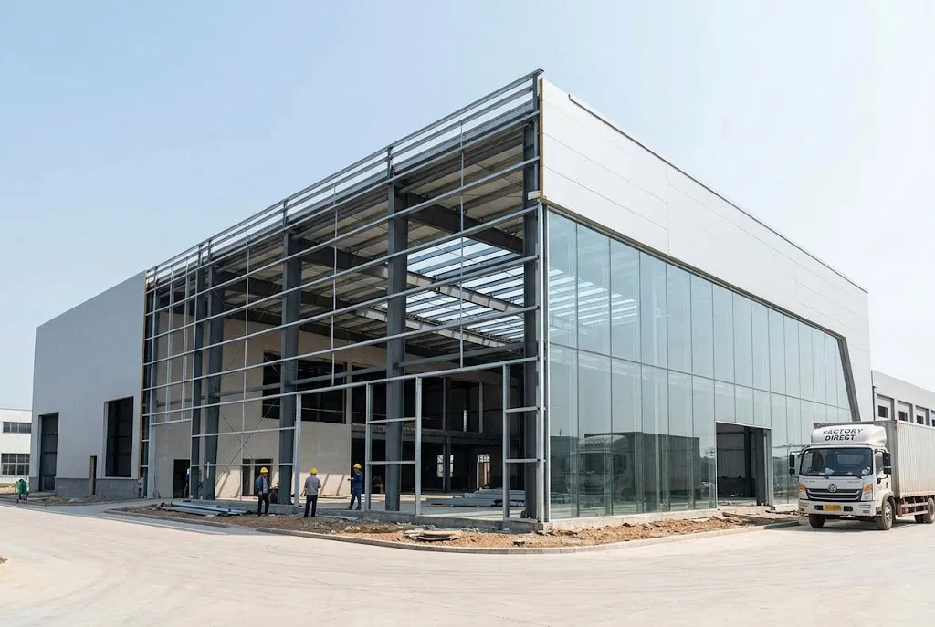 Steel showroom building under construction with glass curtain wall installation and prefabricated frame assembly process