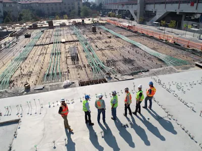 Engineers inspecting a steel structure building construction site with foundation reinforcement, anchor bolts, and project preparation work before steel frame installation.