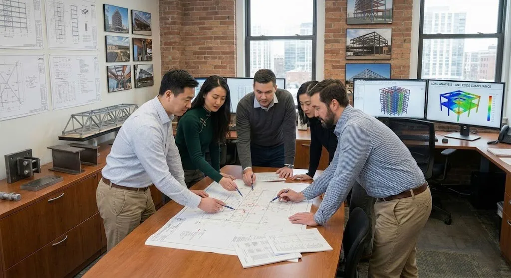 Engineering team reviewing steel structure building design drawings, load analysis, and code compliance for customized prefabricated building projects.