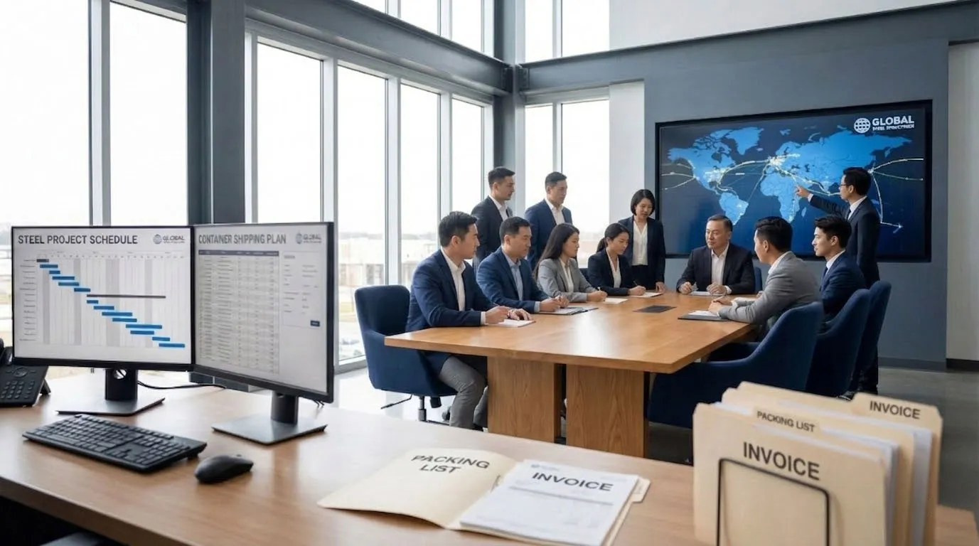 Project team coordinating schedules, packing lists, invoices, and container shipping for steel structure building exporters serving global B2B clients.