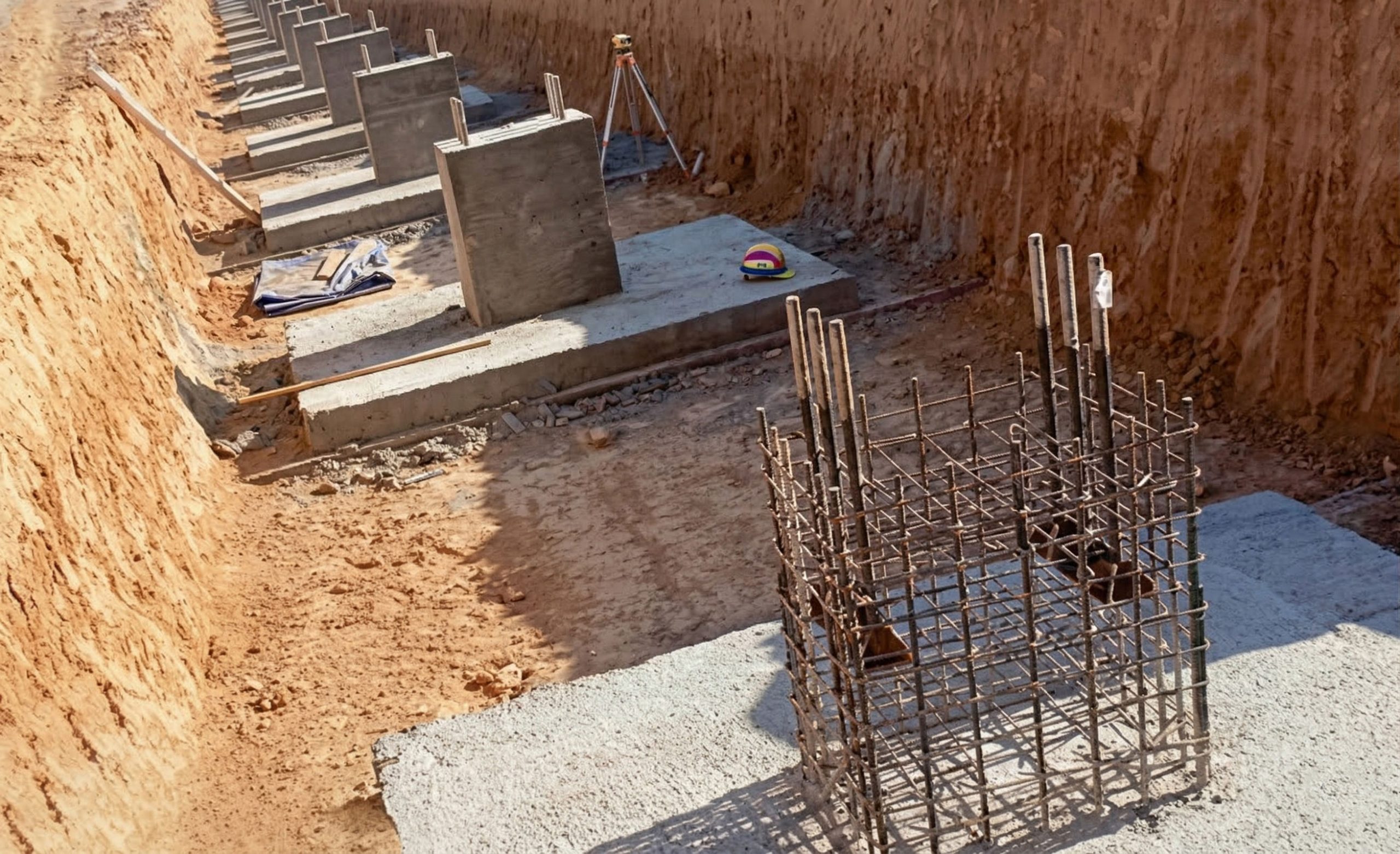 Steel structure building foundation with concrete footings, column pedestals, reinforcement cages, and surveying equipment.
