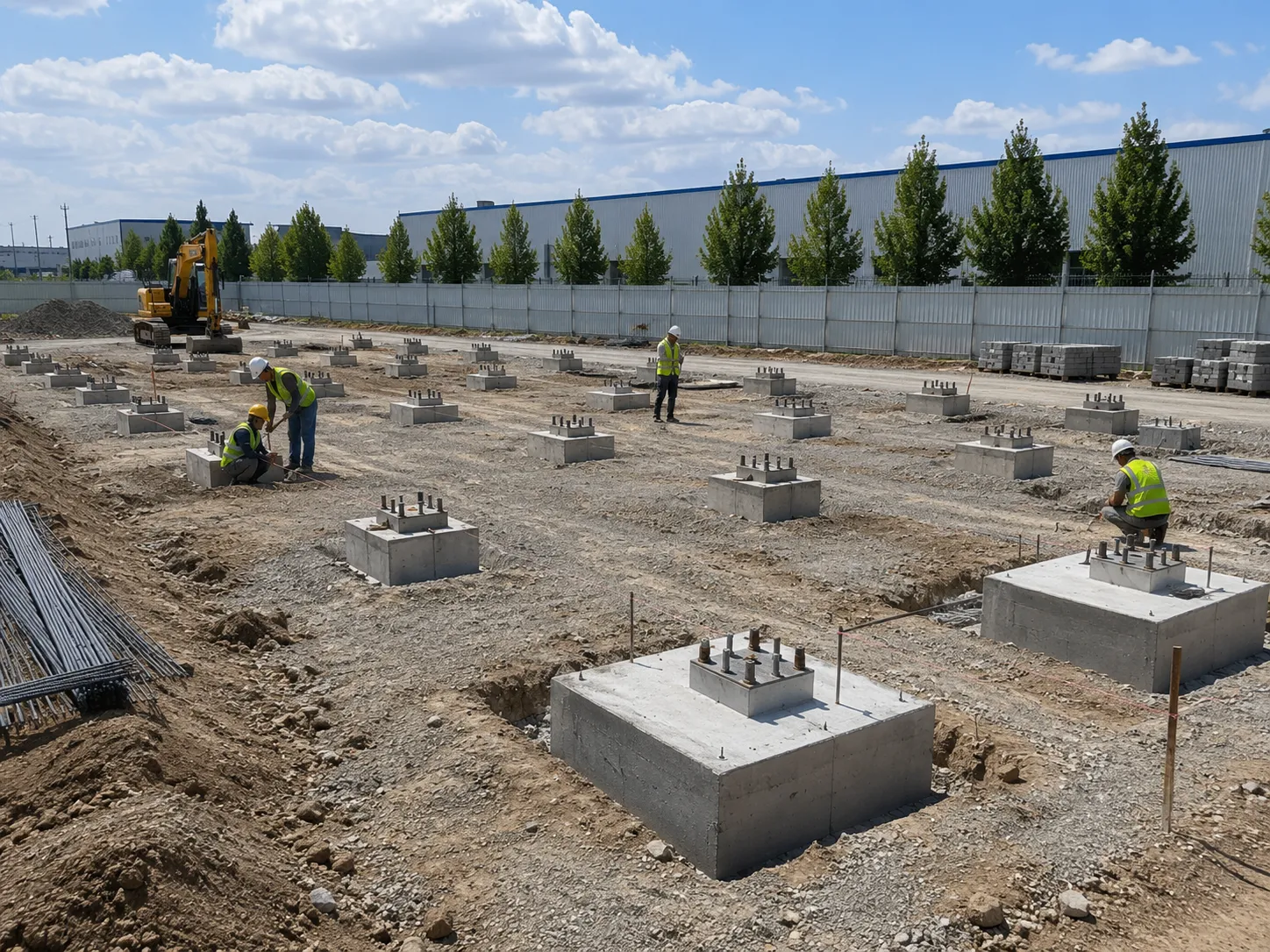 Concrete column foundations with anchor bolts prepared for steel structure column erection on the construction site.