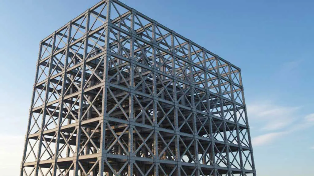 Steel structure building frame construction with columns, beams, and bracing systems assembled for a large customized steel building project.