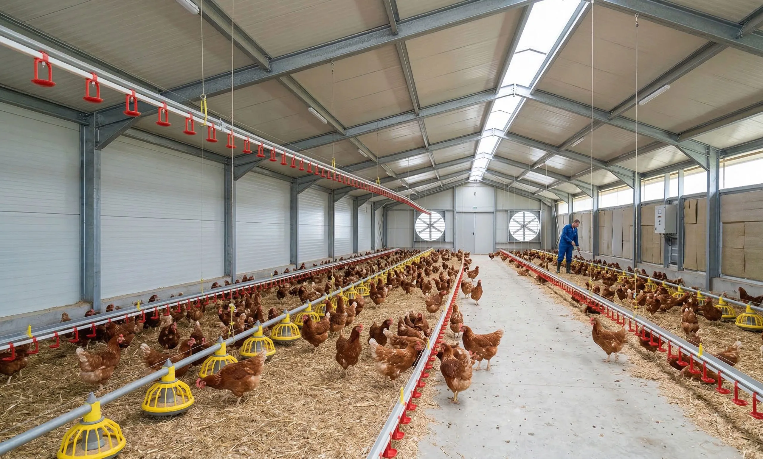 Steel structure building frame enclosing a poultry house with feeding lines, drinkers, fans, and insulated panels.