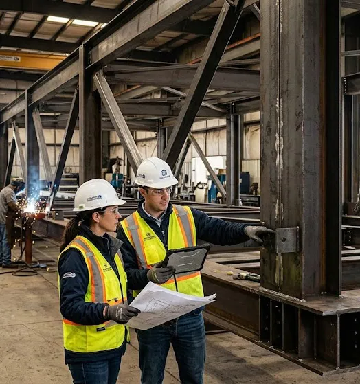 Engineers inspect a fabricated steel frame with drawings and a tablet during project consultation