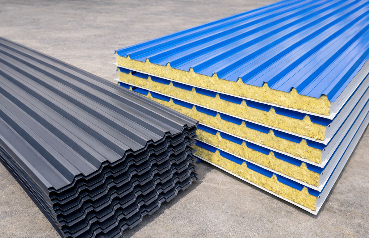 Steel structure building materials including corrugated sheets and insulated sandwich panels stacked for roof and wall cladding.