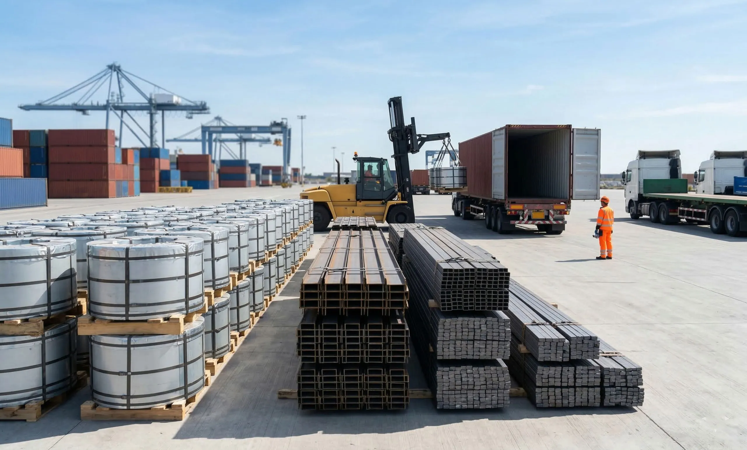 Steel coils and structural sections staged beside containers as steel structure building materials for distributors.