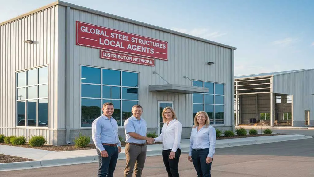 Business partners standing outside a steel structure building supplier office, representing global project cooperation and local agent support for B2B clients.